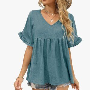 Sieanear Womens Blouses Ruffle Short Sleeve V Neck T-Shirts Casual Summer XL